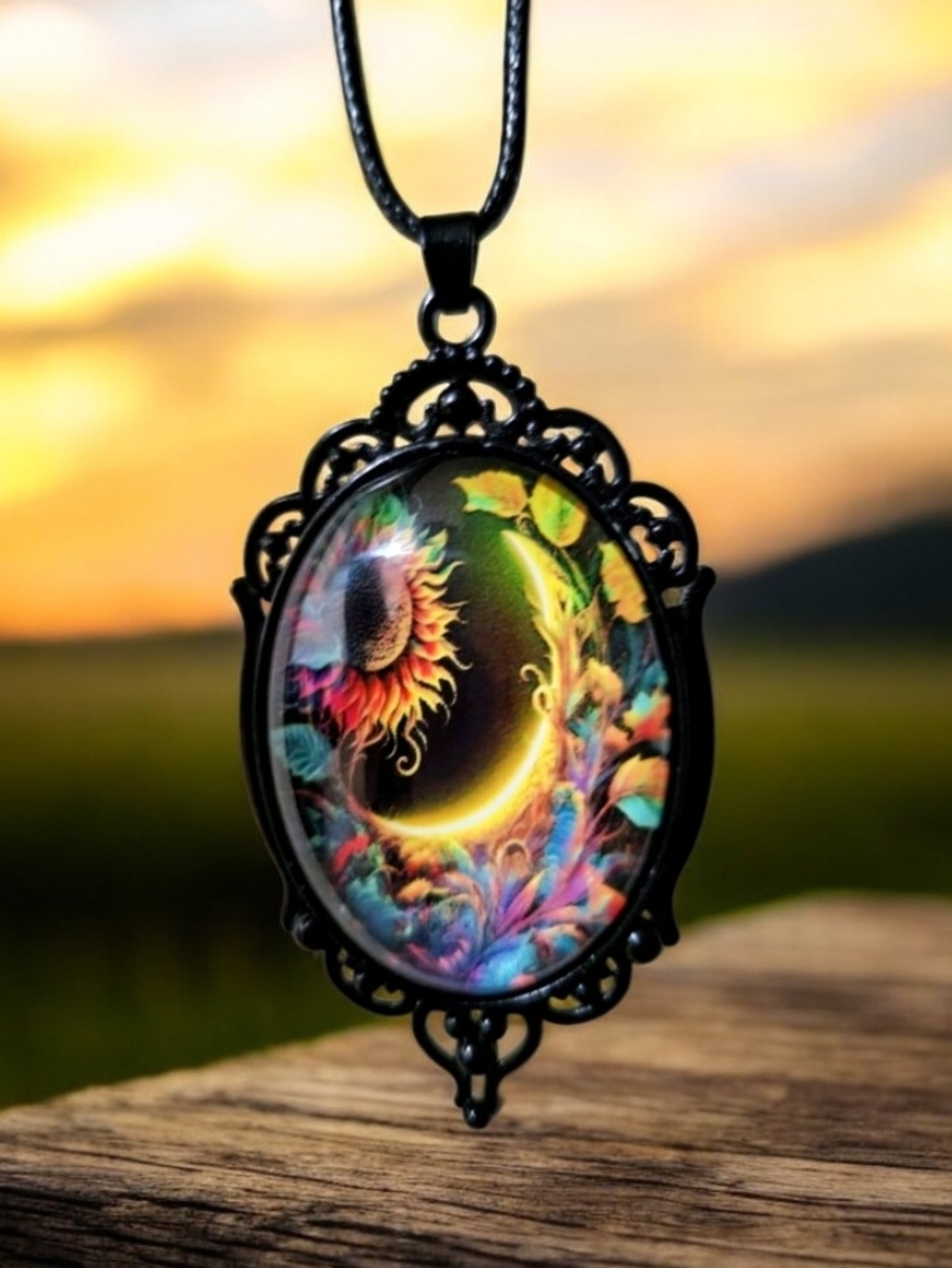 Bohemian Sun & Moon Floral Glass Oval Pendant Necklace - Black